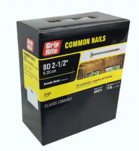 8D BRIGHT COMMON NAILS, #10-1/4GA X 2-1/2" 1 X 5LB CTN (APX 449 NAILS)